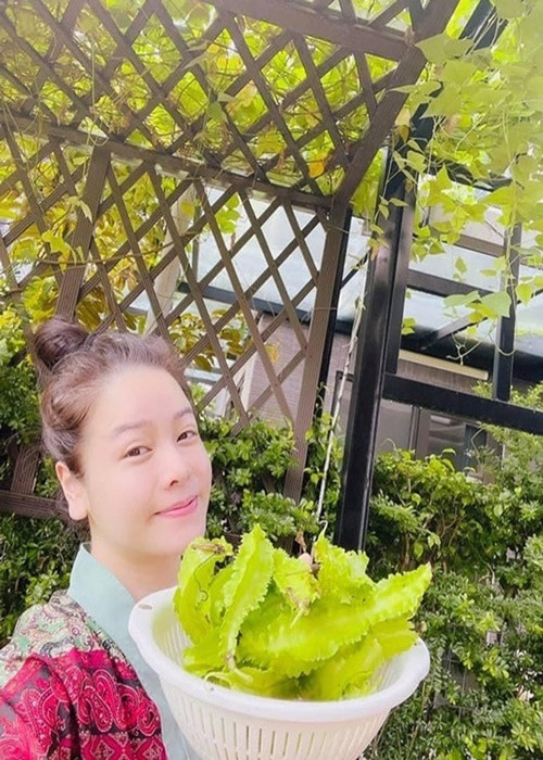 Nhật Kim Anh trồng nhiều loại hoa, cây trái ở biệt thự. Không ít lần, cô khoe thu hoạch rau củ quả.