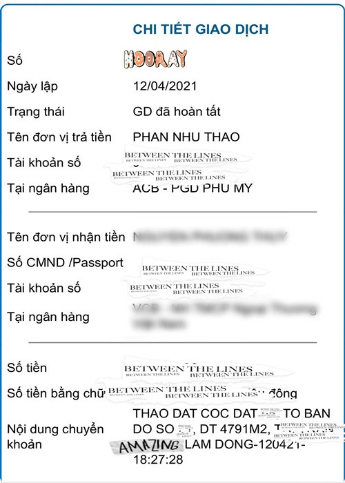 Nữ người mẫu đăng tải ảnh chụp tin nhắn chuyển khoản tiền đặt cọc mua mảnh đất mới.