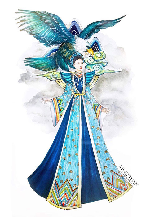 Bộ quốc phục được cho là dành cho Á hậu Thúy An do NTK Nguyễn Minh Tuấn thực hiện và được nhận xét khá độc lạ khi kết hợp mây, núi và một con đại bàng lớn đang sải cánh.