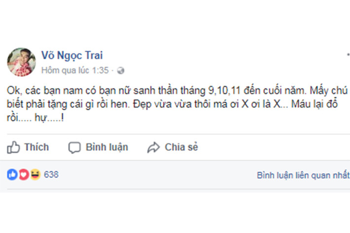 Võ Ngọc Trai khen ngợi iPhone X đẹp. “Ok, các bạn nam có bạn nữ sanh thần tháng 9, 10, 11 đến cuối năm. Mấy chú biết phải tặng cái gì rồi hen. Đẹp vừa vừa thôi má ơi X ơi là X”, anh viết. Ảnh: FBNV