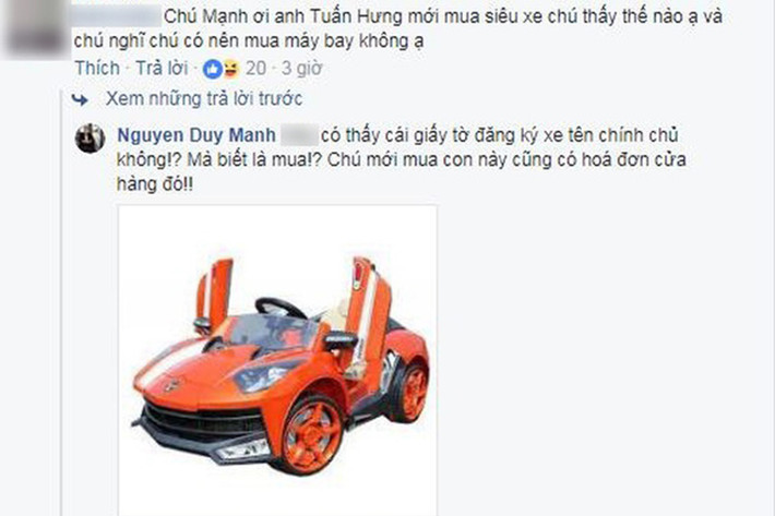 Trước việc Tuấn Hưng mua xe khiến cộng đồng xôn xao, một cư dân mạng chia sẻ thông tin này tới nam ca sĩ Duy Mạnh liền được anh đáp trả bất ngờ. "Có thấy cái giấy tờ đăng kí xe tên chính chủ không? Mà biết là mua? Chú mới mua con này cũng có hoá đơn cửa hàng đó" - Duy Mạnh viết thu hút đông đảo sự quan tâm. Một số ý kiến cho rằng, giọng ca "Kiếp đỏ đen" "đá xéo" Tuấn Hưng thay vì chúc mừng nam ca sĩ mua xe mới.