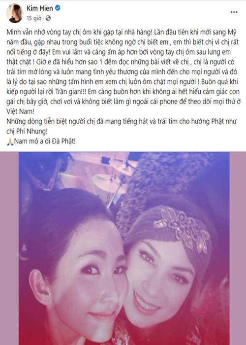 Sau đó, Kim Hiền đăng tải ảnh chụp cùng Phi Nhung, chia sẻ kỷ niệm với cố ca sĩ. Ảnh: Yan
