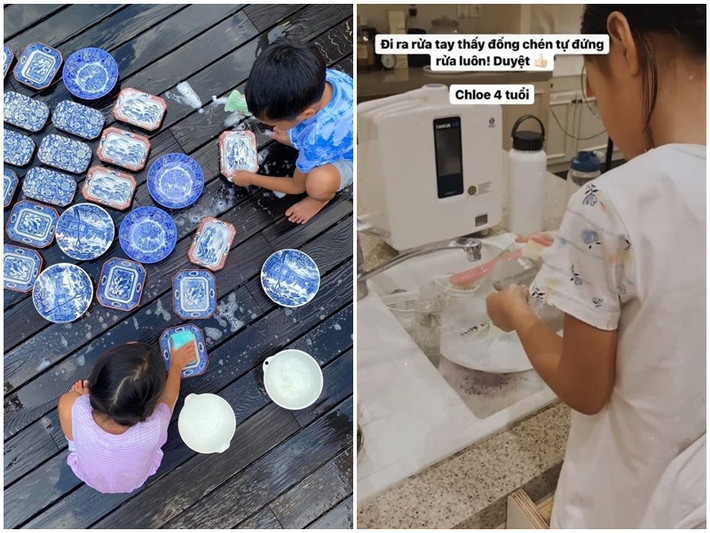 Các nhóc tì nhà Tăng Thanh Hà còn phụ giúp rửa bát khiến nữ diễn viên rất tự hào.