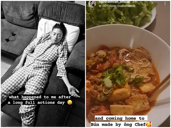 Ngô Thanh Vân đang quay phim ở nước ngoài. Cô khoe được bạn trai nấu ăn cho trước và sau khi đi làm về.