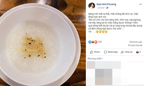 Nhã Phương vừa khoe bát cháo trắng tặng Trường Giang vào sáng ngày Valentine 2020 vì anh bị đau bụng, cả đêm không ngủ được.
