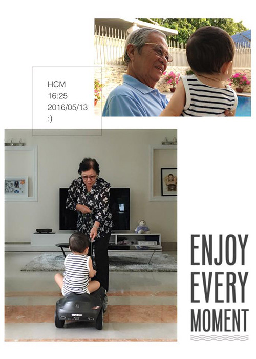 Thu Minh chia sẻ hình ảnh bé Gấu quấn quýt bên ông bà ngoại kèm lời dạy con trai phải yêu thương ông bà. Ảnh: FBNV