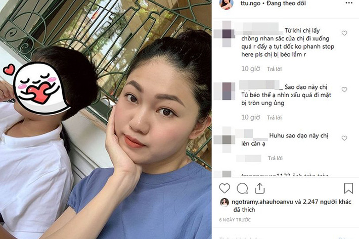 Á hậu Thanh Tú sinh con đầu lòng cách đây 3 tháng. Dường như sau sinh, cô chưa lấy lại được vóc dáng thon thả như thời son rỗi.
