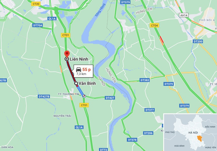 Lúc 14h, cao tốc Pháp Vân - Cầu Giẽ ùn tắc khoảng 7,3 km theo ứng dụng Google Maps.