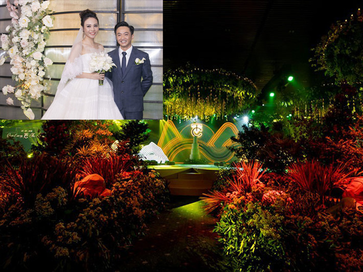 Đám cưới của Cường Đô la - Đàm Thu Trang trong năm 2019 cũng được đầu tư khủng. Cặp đôi bao trọn toàn bộ tầng 3 của một trung tâm tiệc cưới sang trọng bậc nhất TP.HCM để cử hành hôn lễ. Rất nhiều cây xanh, hoa, đèn chùm, đèn dây được sử dụng tạo nên không gian lung linh, hoành tráng. Ảnh: Zing