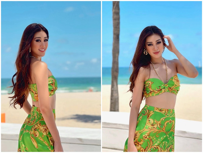 Khánh Vân diện mẫu croptop dạng bra cùng chân váy khi nán lại ở Mỹ hậu chung kết Hoa hậu Hoàn vũ Thế giới 2020 tổ chức hồi tháng 5/2021.