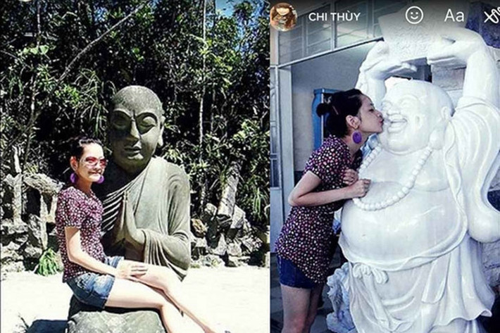 Ngày 18/1, Chi Pu lộ loạt ảnh ôm tượng Phật trong một chuyến du lịch. Cô bị ném đá là có hành động không phù hợp. Ảnh: Zing