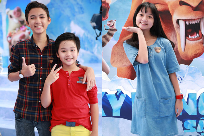 Buổi họp báo công chiếu phần 5 của series "Kỷ băng hà" còn thu hút nhiều gương mặt nhí nổi tiếng. Trong ảnh, bộ ba "Tôi thấy hoa vàng trên cỏ xanh" hội ngộ khi cùng đến xem phim.