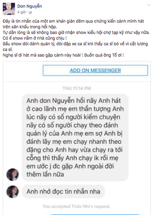 Đi diễn tỉnh, nghệ sĩ còn gặp rủi ro bị bầu show không đàng hoàng quỵt tiền cát-sê. Don Nguyễn tiết lộ trong một lần đi diễn ở Đồng Tháp, khi định bỏ về vì phát hiện bầu show ăn chặn tiền cát-sê, anh bị bầu show ép trở lại hát nếu không sẽ cho MC nói xấu.