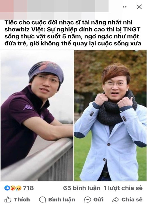 Ca sĩ Sỹ Luân vừa chia sẻ ảnh chụp một bài viết về mình với nội dung: “Tiếc cho cuộc đời nhạc sĩ tài năng nhất nhì showbiz Việt. Sự nghiệp đỉnh cao thì bị tai nạn giao thông, sống thực vật suốt 5 năm, ngơ ngác như một đứa trẻ, giờ không thể quay lại cuộc sống xưa”. Ảnh: FB Sỹ Luân.