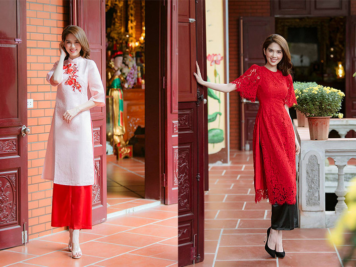 Diện áo dài kín như bưng, chân dài Trà Vinh dịu dàng, e ấp, khác hẳn với phong cách gợi cảm thường thấy.