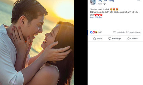 1/3/2019 đánh dấu kỷ niệm chặng đường 10 năm bên nhau của Đông Nhi - Ông Cao Thắng. Trên trang cá nhân, cả hai lần lượt chia sẻ hình ảnh lãng mạn kèm theo lời nói yêu thương. Đặc biệt, Ông Cao Thắng dành lời cảm ơn bạn gái: 10 năm lần thứ nhất. Cảm ơn em đã luôn bên cạnh , ủng hộ anh và yêu anh. Anh yêu em". Ngược lại, nữ ca sĩ cũng gửi đến người yêu ba từ "Em yêu anh". Hai chia sẻ nhận hơn 50.000 lượt thích, hàng trăm bình luận chúc mừng cũng như giục cả hai nhanh chóng làm đám cưới.