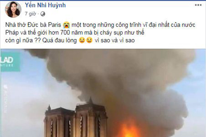 Á khôi Yến Nhi cũng bày tỏ quá đau lòng trước sự việc. Theo Vietnamplus, vụ hỏa hoạn khiến 2/3 đỉnh mái của Nhà thờ Đức Bà Paris bị tàn phá nhưng cấu trúc của Nhà thờ đã được bảo vệ nguyên vẹn và các di vật tôn giáo được bảo quản an toàn.