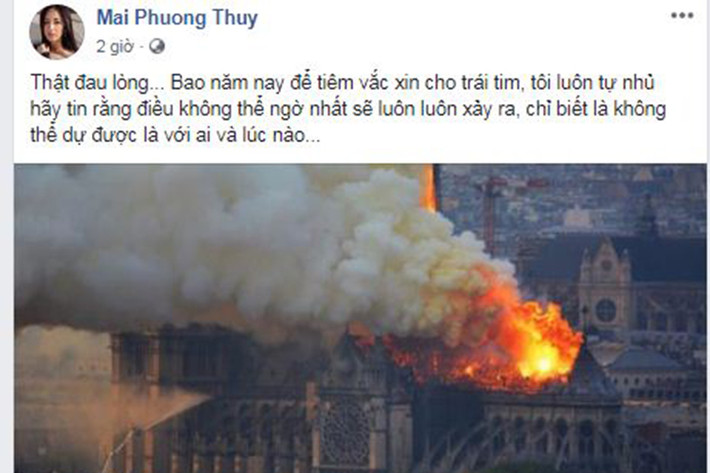 Mai Phương Thúy đau lòng trước cảnh tượng tháp chuông nhà thờ sụp đổ trong biển lửa.