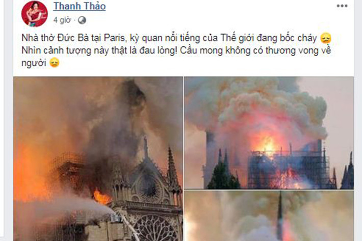 Thanh Thảo cũng là một trong số những sao Việt đau xót và cầu nguyện khi nhà thờ nổi tiếng gặp sự cố.