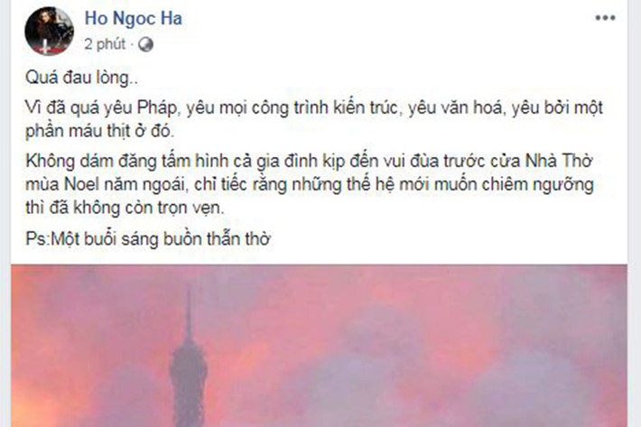 Đọc thông tin về vụ cháy Nhà thờ Đức Bà Paris, Hồ Ngọc Hà bày tỏ cô rất đau lòng khi một công trình kiến trúc nổi tiếng gặp biến cố.