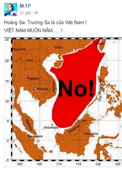 Ca sĩ Sơn Tùng - MTP chia sẻ hình ảnh phản đối “đường lưỡi bò” đồng thời viết: “Hoàng sa - Trường Sa là của Việt Nam. Việt Nam muôn năm”.