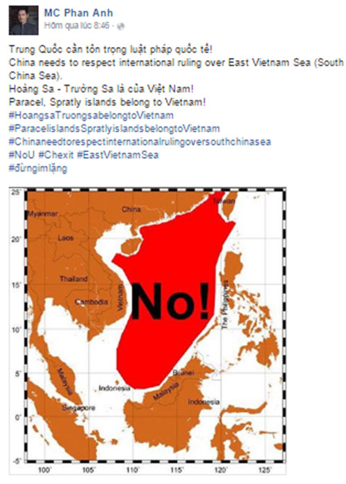 Trên trang cá nhân, MC Phan Anh cũng bày tỏ quan điểm Trung Quốc cần tôn trọng luật pháp quốc tế.