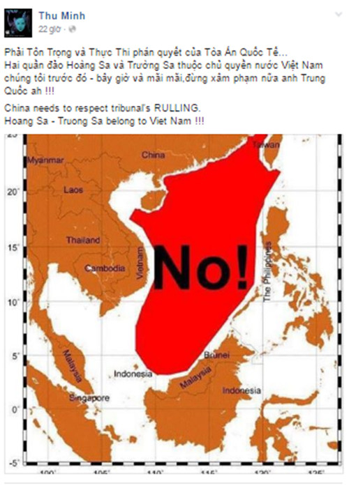 Cùng với Hoa hậu Phạm Hương, ca sĩ Thu Minh cũng lên tiếng phản đối “đường lưỡi bò” của Trung Quốc.