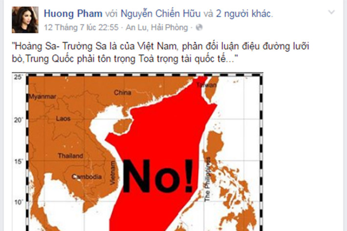 Trước phán quyết của Tòa Trọng tài thường trực (PCA) về “đường lưỡi bò” của Trung Quốc, nhiều sao Việt đã lên tiếng ủng hộ. Hoa hậu Phạm Hương là một trong số đó.