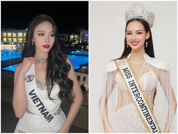 Á hậu Ngọc Hằng vừa được Miss Intercontinental 2022 - Hoa hậu Liên lục địa 2022 Lê Nguyễn Bảo Ngọc trao sash đại diện Việt Nam. Ảnh: FBNV.