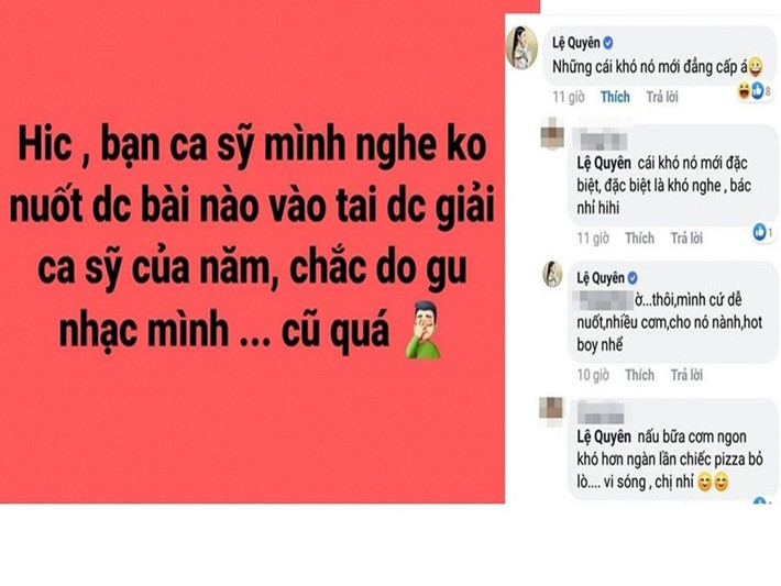 Năm 2019, khi một tài khoản cho rằng Đông Nhi không xứng đáng với giải Ca sĩ của năm tại giải Cống hiến, Lệ Quyên để lại bình luận tỏ ý đồng ý. Ảnh chụp màn hình.