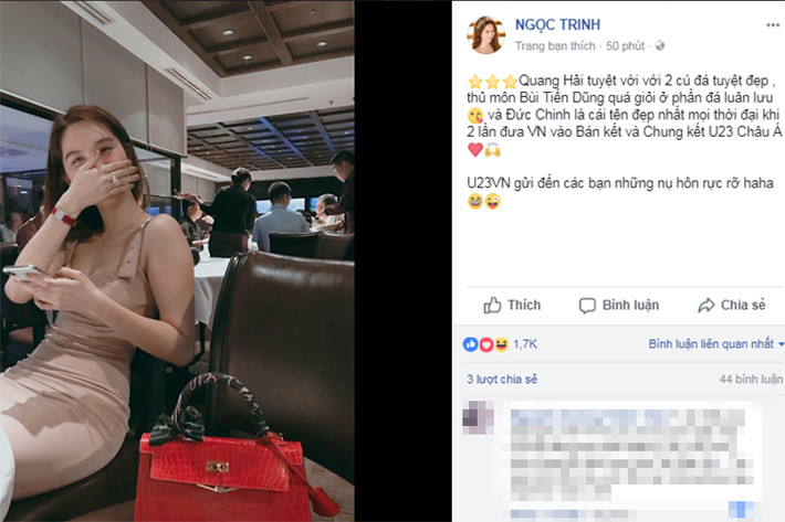 Ngọc Trinh chia sẻ: "Quang Hải tuyệt vời với 2 cú đá tuyệt đẹp, thủ môn Bùi Tiến Dũng quá giỏi ở phần đá luân lưu và Đức Chinh là cái tên đẹp nhất mọi thời đại khi 2 lần đưa Việt vào bán kết và chung kết U23 châu Á. Gửi đến các bạn những nụ hôn rực rỡ".