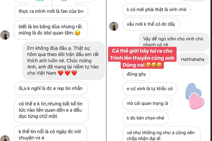 Theo nội dung tin nhắn, Bùi Tiến Dũng bày tỏ là một fan của Angela Phương Trinh. "Không thể tin nổi là có ngày được nói chuyện với em", anh viết.