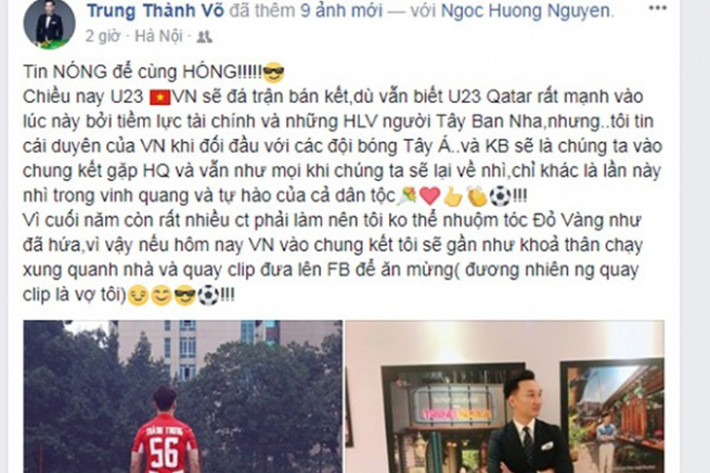 Trước trận đấu giữa U23 Việt Nam và U23 Qatar tại giải U23 châu Á, MC Thành Trung khẳng định sẽ quay clip gần như khỏa thân chạy xung quanh nhà nếu U23 Việt Nam chiến thắng thay vì nhuộm tóc đỏ vàng như đã hứa trước đó. Ảnh: Ngoisao