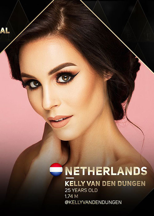 Kelly van den Dungen 25 tuổi, cao 1m74, là đại diện Hà Lan. Missosology xếp cô ở vị trí thứ 10.