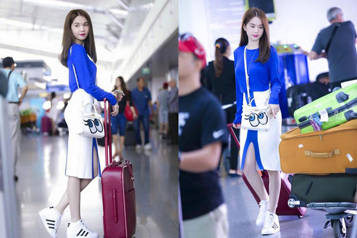 Gu thời trang sân bay của Ngọc Trinh tiếp tục nhận được lời khen trong lần người đẹp xuất hiện tại sân bay đi Hong Kong, chuẩn bị ghi hình cho chương trình "Đêm hội chân dài 9".