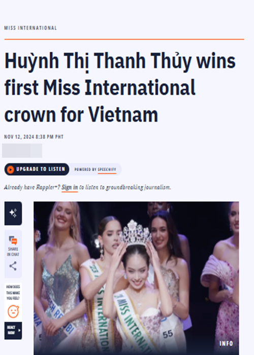 Tờ Rappler của Philippines đưa tin Hoa hậu Thanh Thủy đăng quang Miss International 2024. Ảnh chụp màn hình.