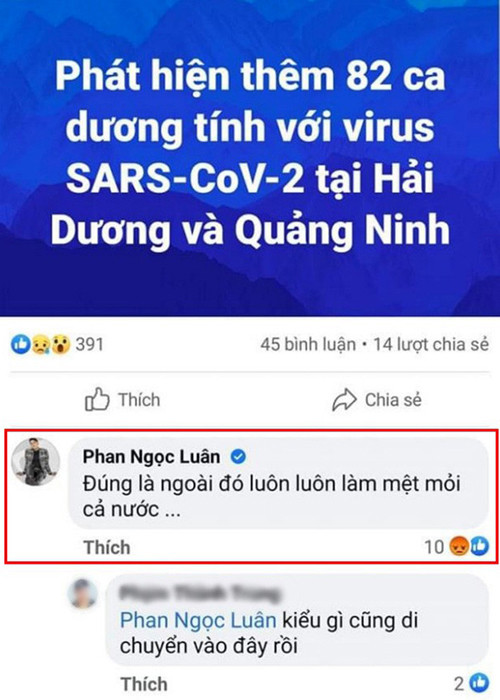 Để lại bình luận "đúng là ngoài đó luôn làm mệt mỏi cả nước" dưới một bài đăng của một Youtuber về tình hình dịch COVID-19 ở Quảng Ninh và Hải Dương, Phan Ngọc Luân đang hứng gạch đá từ phía dư luận. Ảnh: Tiền Phong