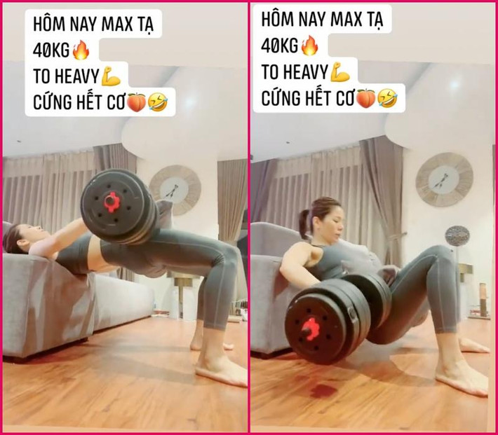 Tuy nhiên đến nay, Lệ Quyên đã tập nặng hết cỡ khi đặt cây tạ 40kg ngay "chỗ hiểm" khiến chính cô cũng than "cứng hết cơ mông".