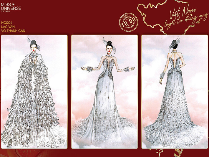 “Lạc Vân” của Võ Thanh Can sử dụng hình tượng loài chim nước quen thuộc, sải cánh bay trên Trống Đồng Đông Sơn và một số đồ đồng khác thuộc văn hóa khảo cổ Đông Sơn. Thiết kế vẫn giữ nguyên form dáng áo dài của Việt Nam, với phần tay ráp lăng và cổ cao truyền thống, được xử lý hiện đại hóa với chất liệu lưới trong suốt kết hợp cùng lụa tơ tằm tự nhiên.