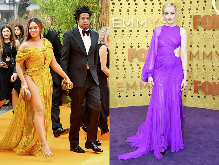Không những vậy, sao Hollywood đang thi nhau diện thiết kế của Công Trí. Năm 2019, nữ ca sĩ Beyoncé diện đầm vàng của Công Trí trong buổi ra mắt phim Lion King. Nữ diễn viên Julia Garner chọn mẫu váy lệch vai màu tím của Công Trí trong buổi lễ trao giải Emmy năm 2019. Ảnh: Zing