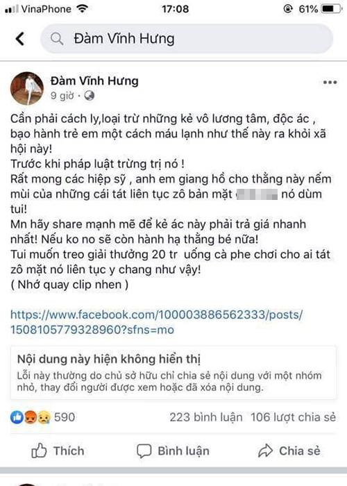 Trên trang cá nhân, Đàm Vĩnh Hưng chia sẻ clip anh Đoàn Văn Tí đồng thời tuyên bố treo thưởng 20 triệu đồng cho người nào tát vào mặt người đàn ông này. Nhanh chóng, chia sẻ của Mr Đàm gây tranh cãi trong dư luận.