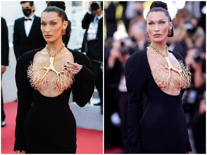Bella Hadid trở thành tâm điểm của truyền thông khi xuất hiện trên thảm đỏ Cannes 2021 ngày thứ 6. Cô được chú ý nhờ phong cách hở bạo.