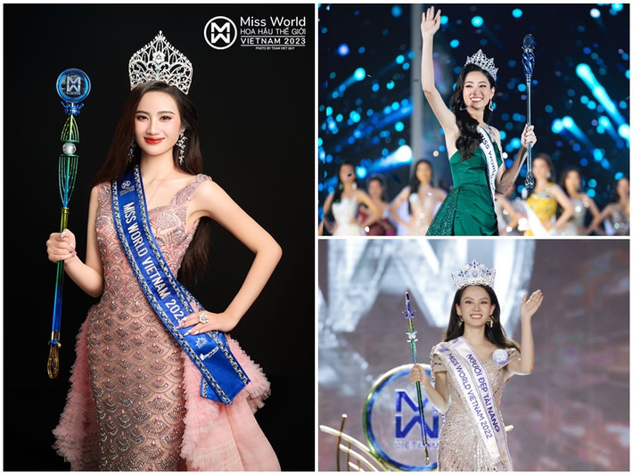 Huỳnh Trần Ý Nhi đăng quang Miss World Vietnam 2023 - Hoa hậu Thế giới Việt Nam 2023. 2 người tiền nhiệm của Ý Nhi là Huỳnh Nguyễn Mai Phương và Lương Thùy Linh. Ảnh: Miss World Vietnam, Người Đưa Tin, Thông Tấn Xã Việt Nam.