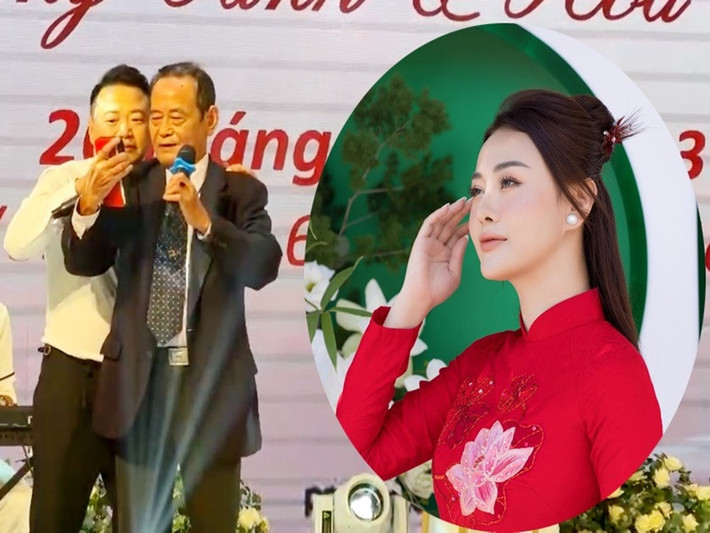 Trong lễ ăn hỏi, bố chồng Phương Oanh đã lên sân khấu hát bài Mùa xuân bên cửa sổ để tặng đôi uyên ương. Ảnh: Vietnamnet.