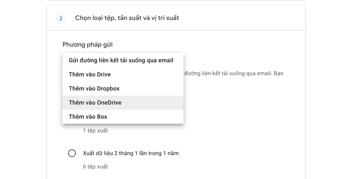 Bước 5: Bây giờ, bạn cần chọn phương thức nhận bản sao lưu. Bấm nút hình mũi tên hướng xuống nằm bên dưới phần Delivery methods (Phương pháp gửi) và bạn sẽ thấy các rất nhiều tùy chọn bao gồm gửi liên kết tải file qua email hoặc sao lưu nó vào Google Drive, Dropbox, hoặc OneDrive.