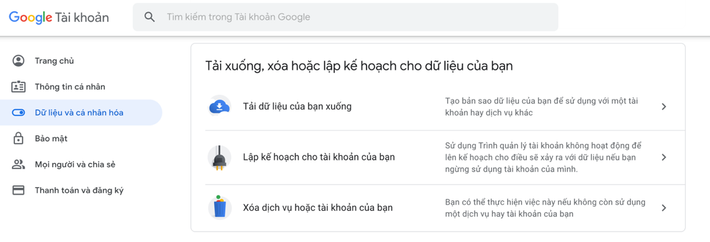 Sau đây là hướng dẫn chi tiết cách sao lưu toàn bộ email và dữ liệu Gmail. Bước 1: Truy cập vào địa chỉ myaccount.google.com. Bước 2: Chọn mục Data & personalization (Dữ liệu & cá nhân hóa). Bước 3: Di chuyển xuống dưới đến phần Download, delete or make a plan for your data (Tải xuống, xóa hoặc lập kế hoạch cho dữ liệu của bạn), và Bấm nút Download your data (Tải dữ liệu của bạn xuống).