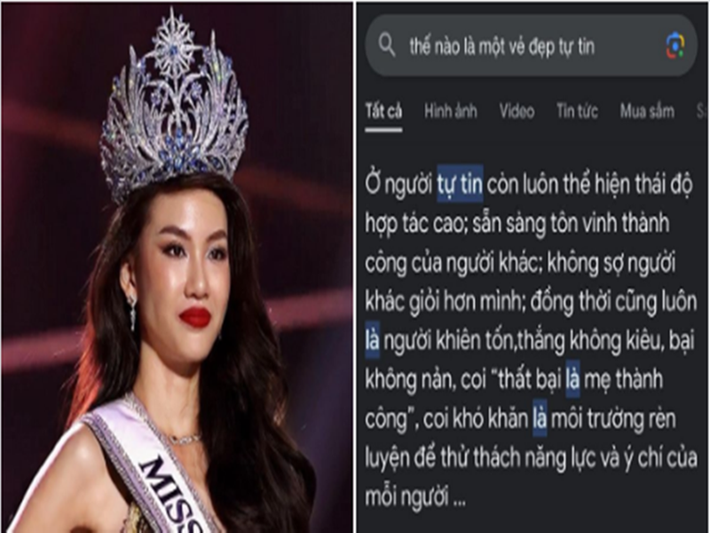 Quỳnh Hoa còn bị soi có phần trả lời ứng xử giống gợi ý trên Google khi trả lời câu hỏi "Theo bạn, thế nào là vẻ đẹp tự tin?". Bên cạnh đó, người đẹp nói sai cụm từ "thắng không kiêu, bại không nản" thành "thắng không kiêu, bại không chảnh". Ảnh: Pháp Luật TP HCM.