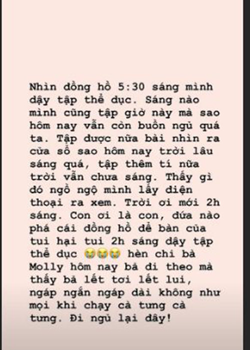 Mới đây, nữ diễn viên tiết lộ vì trò nghịch của các con mà cô dậy từ lúc 2 giờ sáng để tập thể dục.