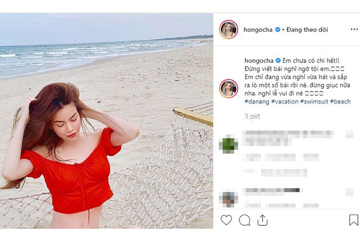 Trước nghi vấn bầu bí, Hà Hồ lên tiếng phủ nhận. Cụ thể, cô đăng bức ảnh mặc trang phục áo tắm khoe vòng eo thon gọn đồng thời viết "Em chưa có chi hết. Đừng nghi ngờ tội em. Em chỉ đang vừa nghỉ vừa hát và sắp ra lò một số bài rồi. Đừng giục nữa nha".