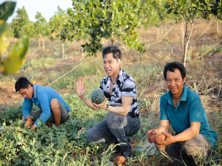 Khu vườn của Ngọc Sơn có đủ loại cây trái như: mít, dưa hấu, xoài, mận, nhãn.